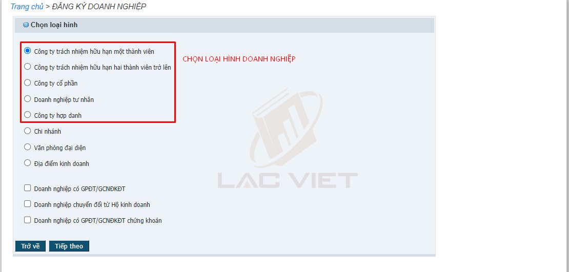 Chọn loại hình thành lập công ty theo mẫu