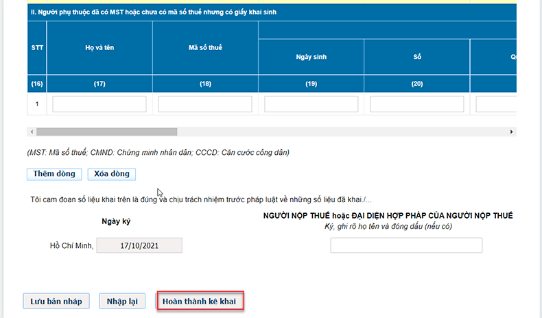 hoàn thành kê khai
