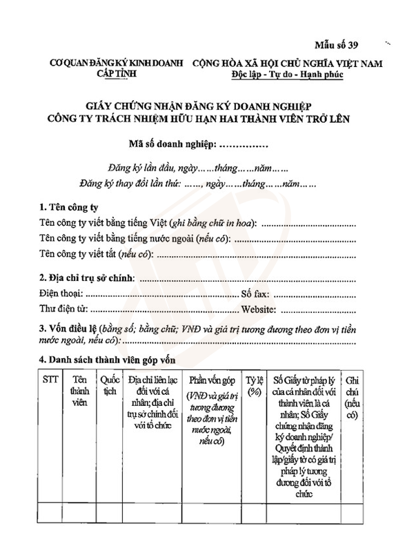 mẫu giấy chứng nhận đăng ký công ty tnhh 2 thành viên trở lên