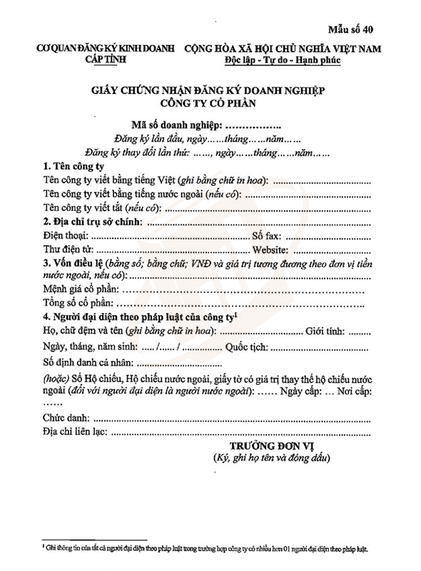 mẫu giấy chứng nhận đăng ký công ty cổ phần