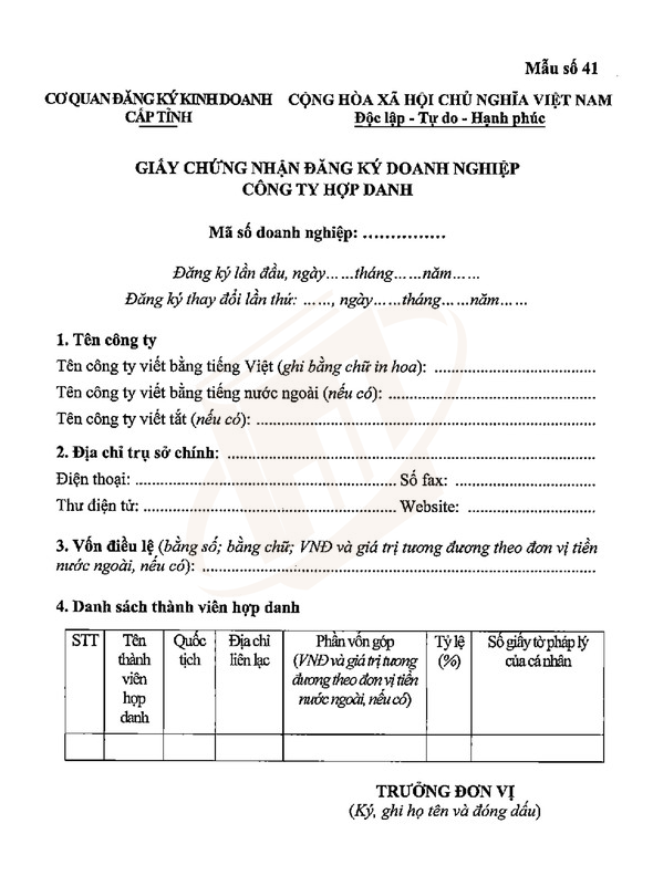 mẫu giấy chứng nhận đăng ký công ty hợp danh