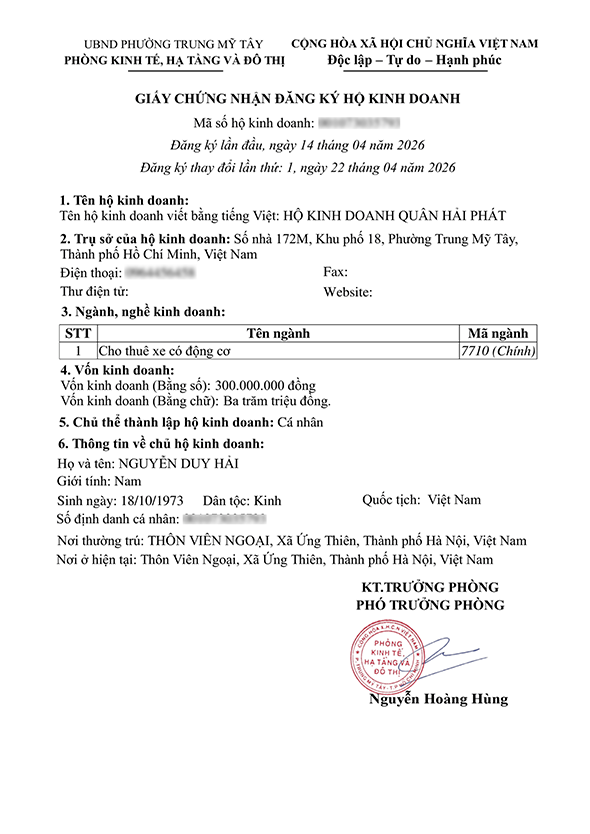 Mẫu giấy phép hộ kinh doanh bản điện tử