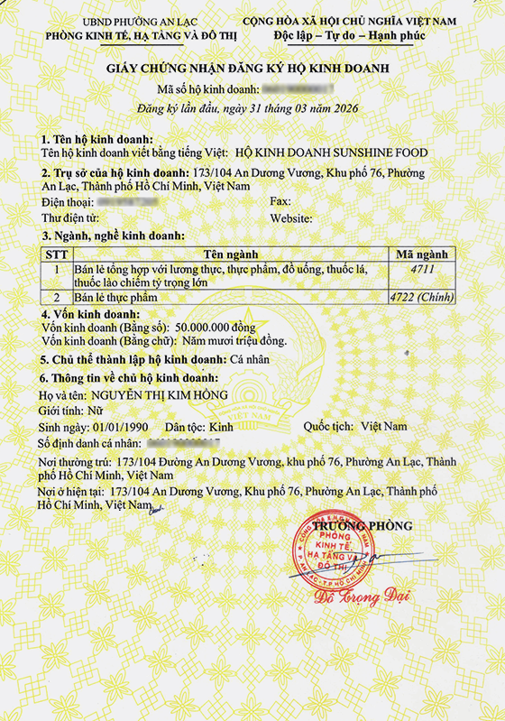 Mẫu giấy phép hộ kinh doanh bản giấy
