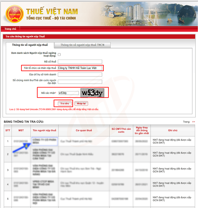 tra cứu mã số thuế công ty