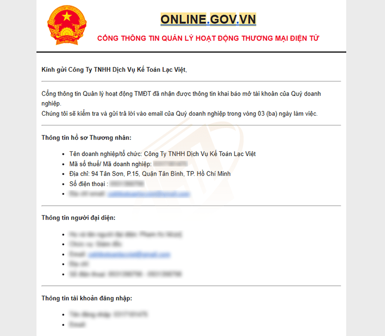 thông báo email đăng ký tài khoản bộ công thương