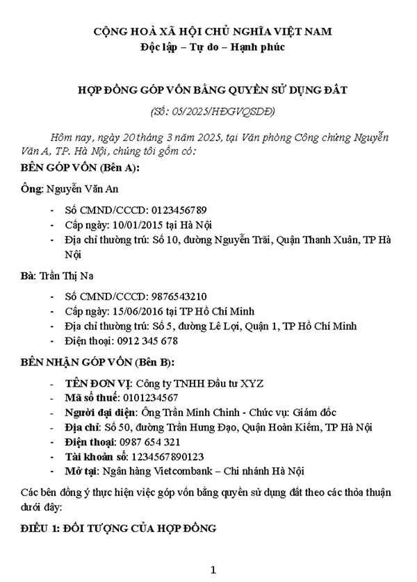hợp đồng góp vốn bằng quyền sử dụng đất